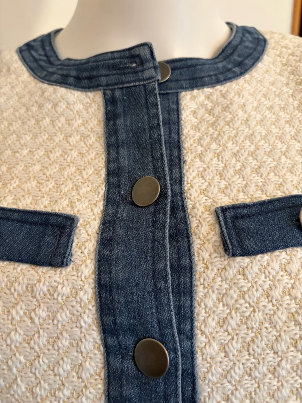 #644 ECRU Mixed Media Tweed Jacket with Blue Denim Trim. NWT - Picture 9 of 14